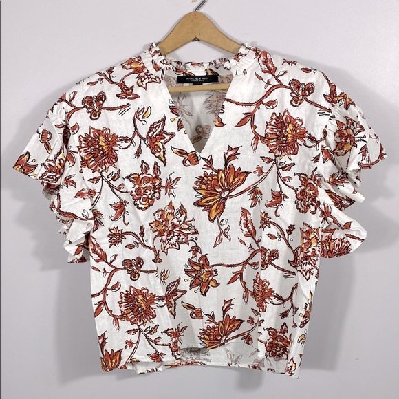 🌸Marc New York Andrew Marc floral linen blend top flutter sleeve size medium - Picture 1 of 9